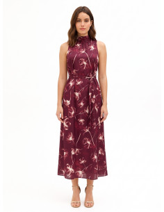 Midi-jurk van satijn met grote bloemen, een halslijn en een strik aan de achterkant Rinascimento