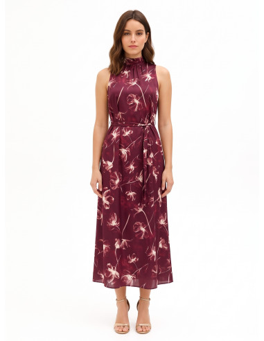 Midi-jurk van satijn met grote bloemen, een halslijn en een strik aan de achterkant Rinascimento