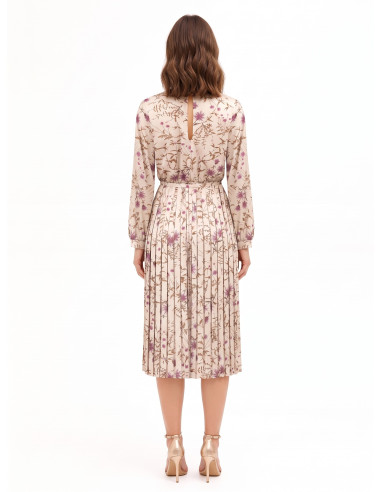 Midi-jurk van satijn met bloemenprint, plissérok en bijpassende smalle, stevige riem Rinascimento