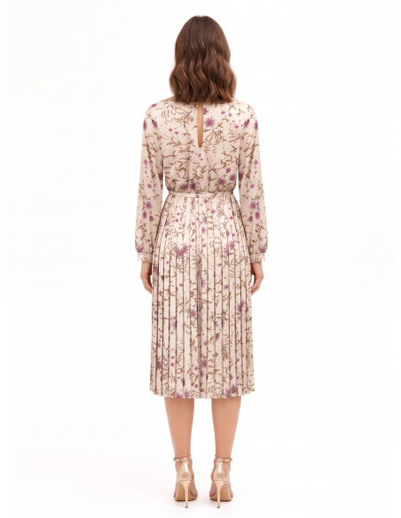 Midi-jurk van satijn met bloemenprint, plissérok en bijpassende smalle, stevige riem Rinascimento