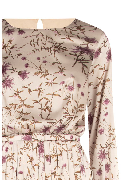 Midi-jurk van satijn met bloemenprint, plissérok en bijpassende smalle, stevige riem Rinascimento
