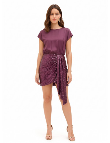Korte jurk met 2-delige look, satijnen top en overslagrok met pailletten Rinascimento