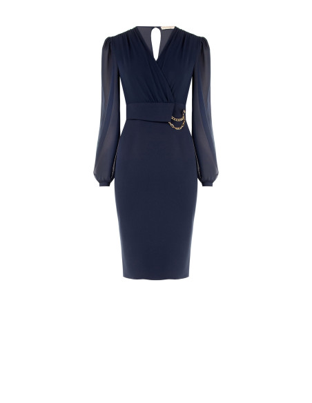 Kokerjurk met 2-delige look, gekruiste V-hals in georgette en rok van scuba-crêpe Rinascimento