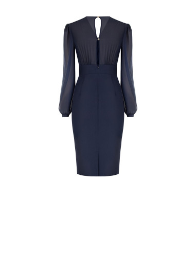 Kokerjurk met 2-delige look, gekruiste V-hals in georgette en rok van scuba-crêpe Rinascimento