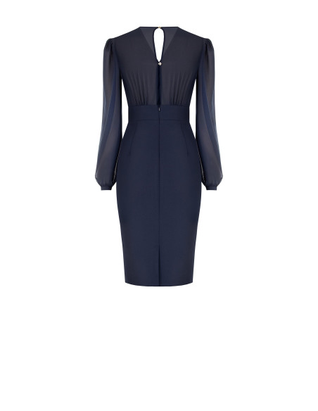 Kokerjurk met 2-delige look, gekruiste V-hals in georgette en rok van scuba-crêpe Rinascimento