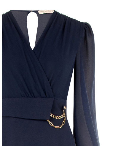 Kokerjurk met 2-delige look, gekruiste V-hals in georgette en rok van scuba-crêpe Rinascimento