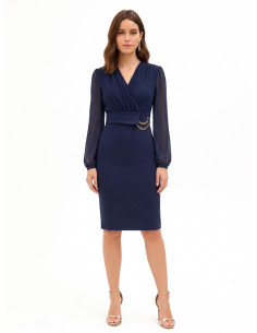 Kokerjurk met 2-delige look, gekruiste V-hals in georgette en rok van scuba-crêpe Rinascimento