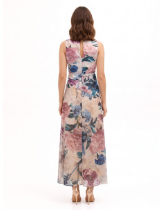 Lange jurk met satijnen lijfje en rok van gebloemde georgette Rinascimento 2