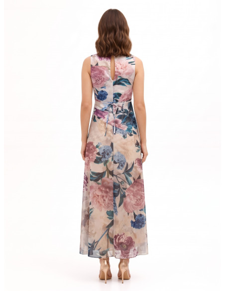 Lange jurk met satijnen lijfje en rok van gebloemde georgette Rinascimento