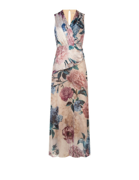 Lange jurk met satijnen lijfje en rok van gebloemde georgette Rinascimento