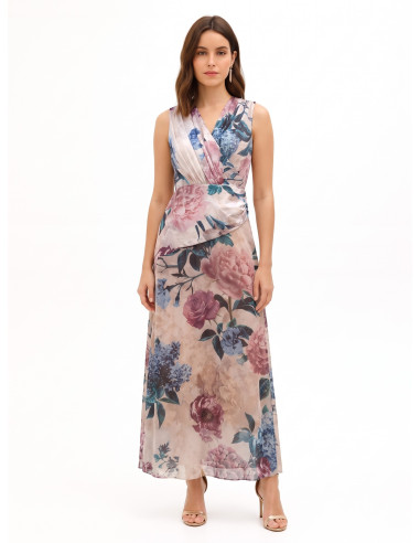 Lange jurk met satijnen lijfje en rok van gebloemde georgette Rinascimento