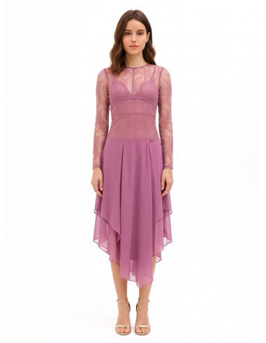Midi-jurk met puntige zoom van georgette en kanten top met bustiereffect Rinascimento