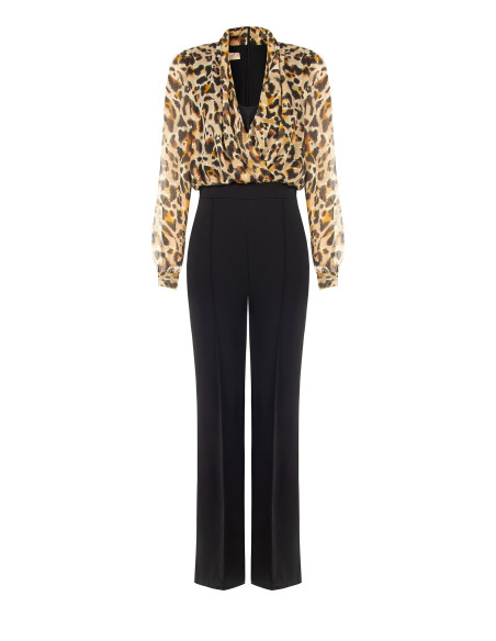 Jumpsuit met wijde pijpen van scuba-crêpe, met een top van georgette met luipaardprint en lurexdruppels Rinascimento
