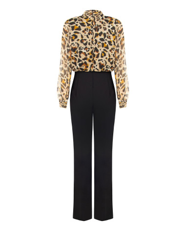 Jumpsuit met wijde pijpen van scuba-crêpe, met een top van georgette met luipaardprint en lurexdruppels Rinascimento