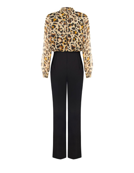 Jumpsuit met wijde pijpen van scuba-crêpe, met een top van georgette met luipaardprint en lurexdruppels Rinascimento