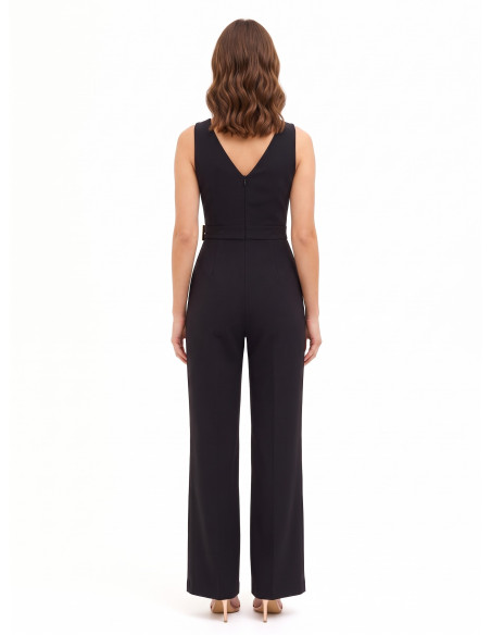 Jumpsuit met wijde pijpen van scuba-crêpe, met V-hals en decoratieve gesp Rinascimento