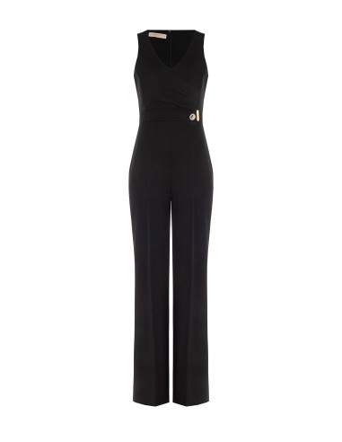 Jumpsuit met wijde pijpen van scuba-crêpe, met V-hals en decoratieve gesp Rinascimento