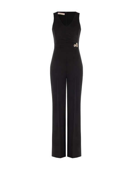 Jumpsuit met wijde pijpen van scuba-crêpe, met V-hals en decoratieve gesp Rinascimento