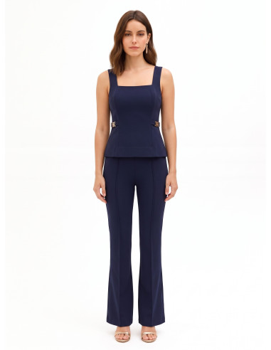 Jumpsuit met wijde pijpen van scuba-crêpe, met vierkante halslijn en RR-logolabels Rinascimento