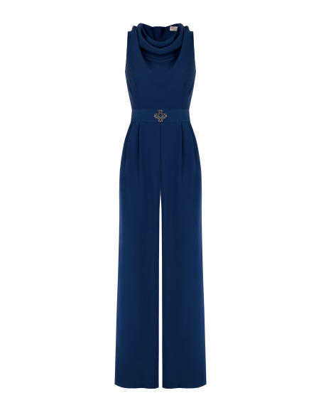 Jumpsuit van cadistof met ronde hals, bijpassende stevige riem en gesp met logo Rinascimento