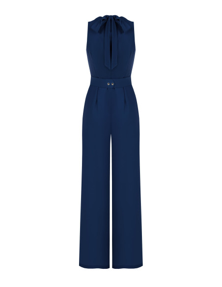 Jumpsuit van cadistof met ronde hals, bijpassende stevige riem en gesp met logo Rinascimento
