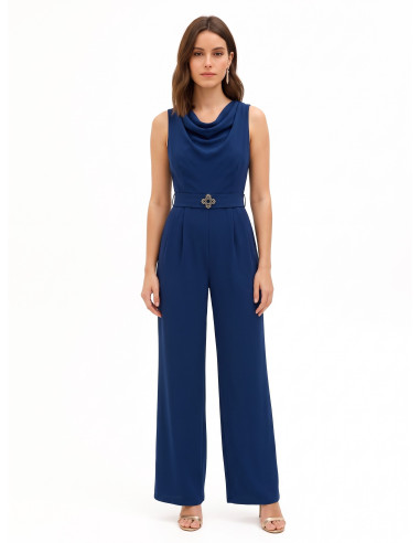 Jumpsuit van cadistof met ronde hals, bijpassende stevige riem en gesp met logo Rinascimento