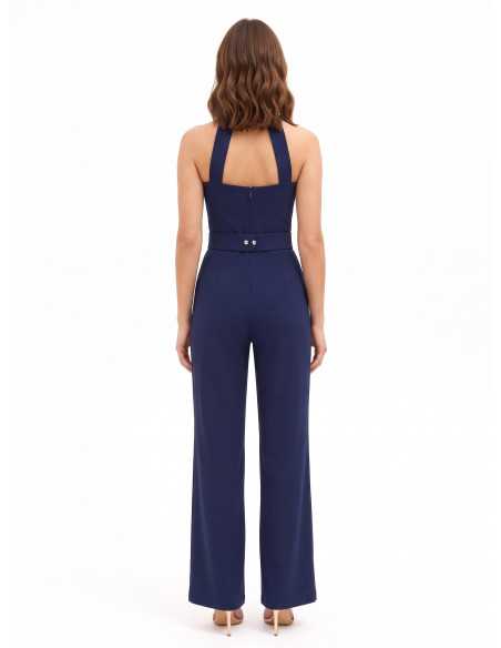 Volledige jumpsuit van cadi-stof met strik, bijpassende stevige riem en gesp met logo Rinascimento