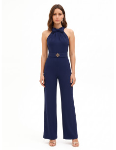 Volledige jumpsuit van cadi-stof met strik, bijpassende stevige riem en gesp met logo Rinascimento