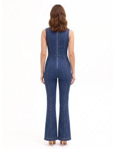 Volledige flared jumpsuit van stretchdenim met lange rits en cut-out Rinascimento 2