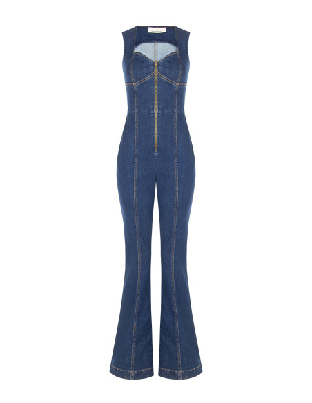 Volledige flared jumpsuit van stretchdenim met lange rits en cut-out Rinascimento
