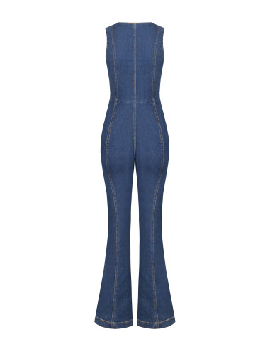 Volledige flared jumpsuit van stretchdenim met lange rits en cut-out Rinascimento