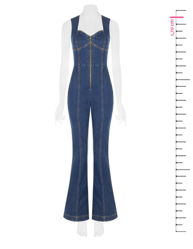Volledige flared jumpsuit van stretchdenim met lange rits en cut-out Rinascimento