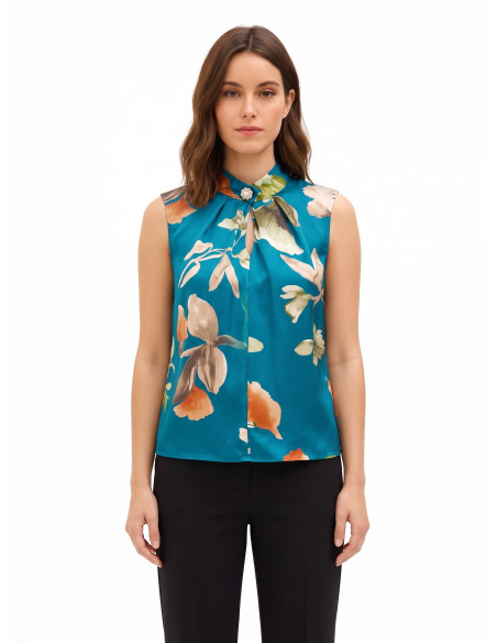 A-lijnblouse van satijn met bloemenprint en juweelknopen Rinascimento