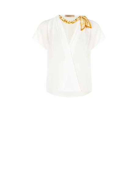 Blouse van mat satijn met V-hals, verweven ketting en sjaaltje Rinascimento