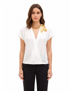 Blouse van mat satijn met V-hals, verweven ketting en sjaaltje Rinascimento