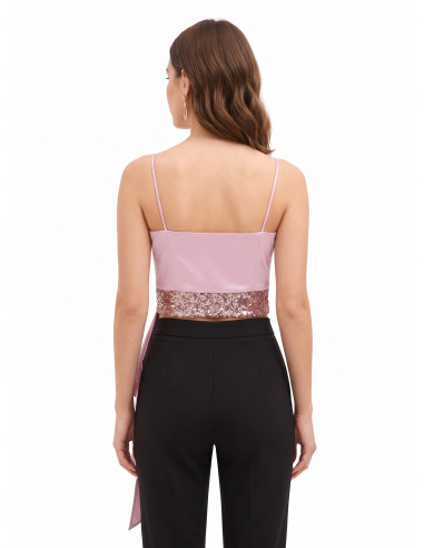 Crop top-bustier van satijn en pailletten met lange volant Rinascimento
