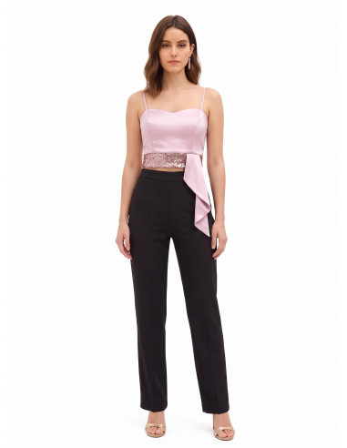 Crop top-bustier van satijn en pailletten met lange volant Rinascimento
