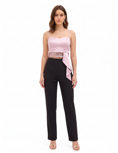 Crop top-bustier van satijn en pailletten met lange volant Rinascimento