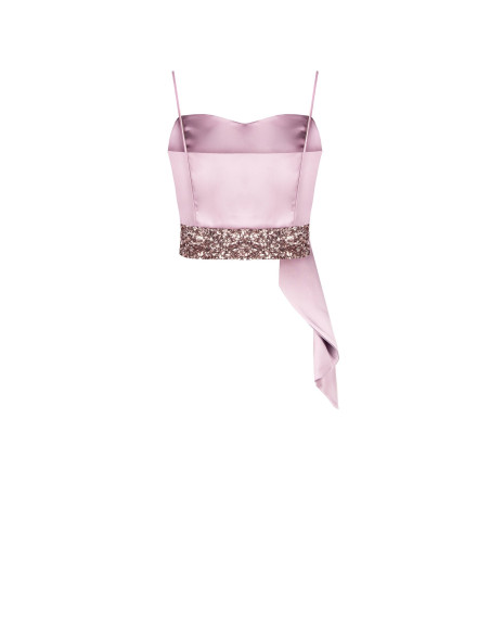 Crop top-bustier van satijn en pailletten met lange volant Rinascimento