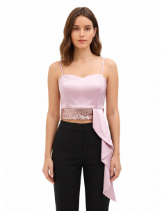 Crop top-bustier van satijn en pailletten met lange volant Rinascimento