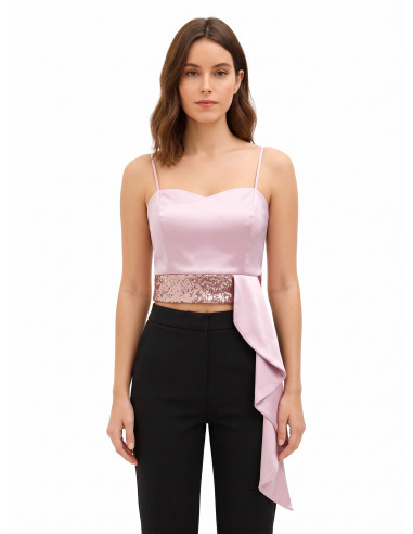 Crop top-bustier van satijn en pailletten met lange volant Rinascimento