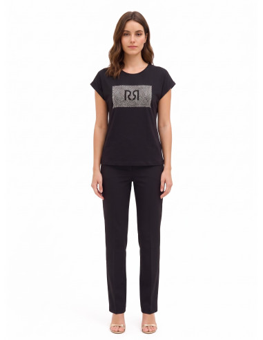 Regular T-shirt van katoen met omgeslagen mouwen en logo met strass-steentjes Rinascimento