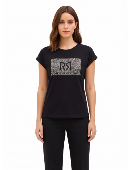 Regular T-shirt van katoen met omgeslagen mouwen en logo met strass-steentjes Rinascimento