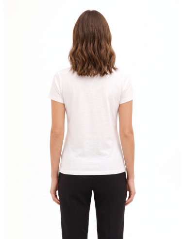Regular T-shirt van katoen met modieuze folieprint en strasssteentjes Rinascimento