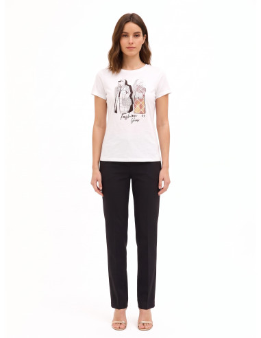 Regular T-shirt van katoen met modieuze folieprint en strasssteentjes Rinascimento