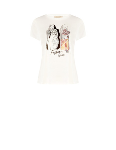 Regular T-shirt van katoen met modieuze folieprint en strasssteentjes Rinascimento