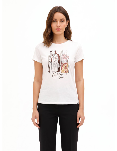 Regular T-shirt van katoen met modieuze folieprint en strasssteentjes Rinascimento