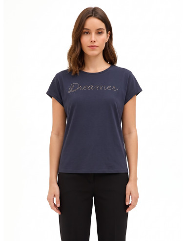Regular T-shirt van katoenmix met de tekst ‘Dreamer’ in een fijne ketting Rinascimento