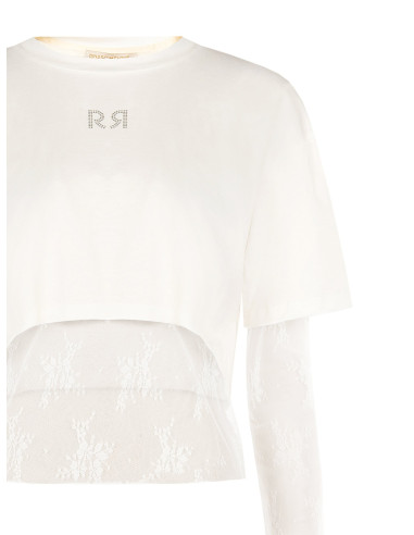 Set van kanten top en crop top van katoen met RR-logo van strass Rinascimento