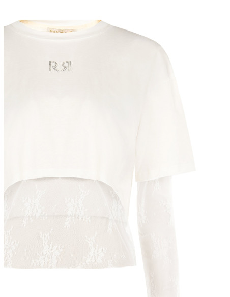 Set van kanten top en crop top van katoen met RR-logo van strass Rinascimento